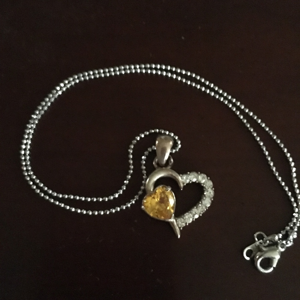 Silver Heart W/Yellow & White Crystal Necklace